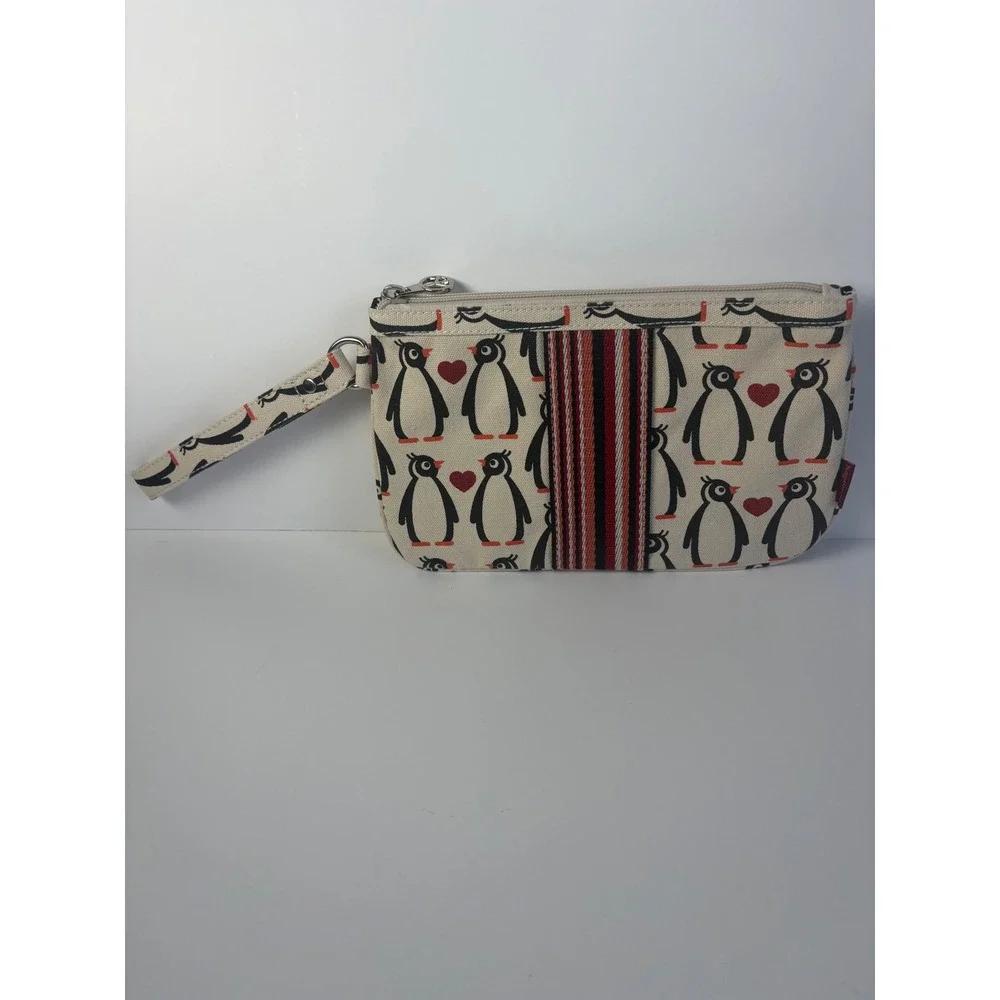 Bungalow 360 Penguin Heart Canvas Wristlet Pouch Cream Peace Sign Zipper Unused‎